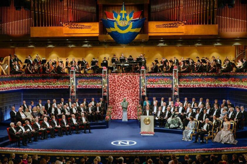 SWEDEN OUT Mandatory Credit: Photo by JESSICA GOW/EPA-EFE/REX/Shutterstock (9661001a) (FILE) - The ten 2016 Nobel laureates in literature, medicine, chemistry, physics and economics are seated, front row left across from King Carl XVI Gustaf of Sweden and the Royal family during the 2016 Nobel prize award ceremony at the Stockholm Concert Hall, Sweden, 10 December 2016 (reissued 04 May 2018). According to reports on 04 May 2018, no Nobel Prize in Literature will be awarded in 2018 due to an abuse scandal at the Swedish Academy. Nobel Prize in Literature 2018 will not be awarded, Stockholm, Sweden - 10 Dec 2016 ** Usable by LA, CT and MoD ONLY **