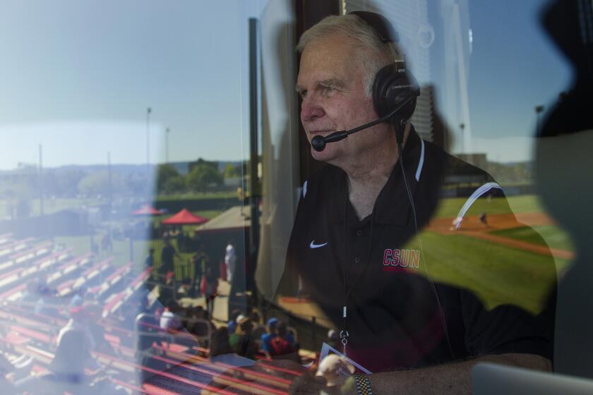 Former Dodgers broadcaster Ross Porter does the play-by-play call for a web-only broadcast of a college baseball game between Cal State Northridge and UCLA on March 8.