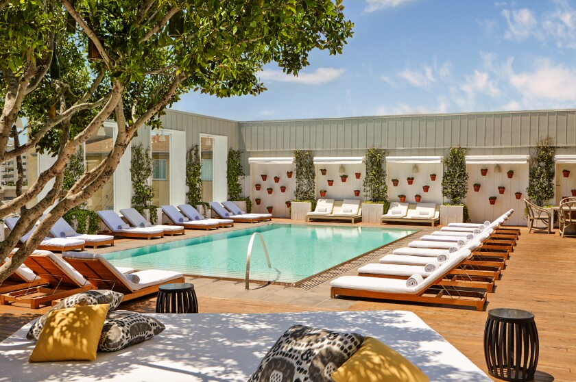 A view of the Skybar Pool Deck at the Mondrian Los Angeles hotel.