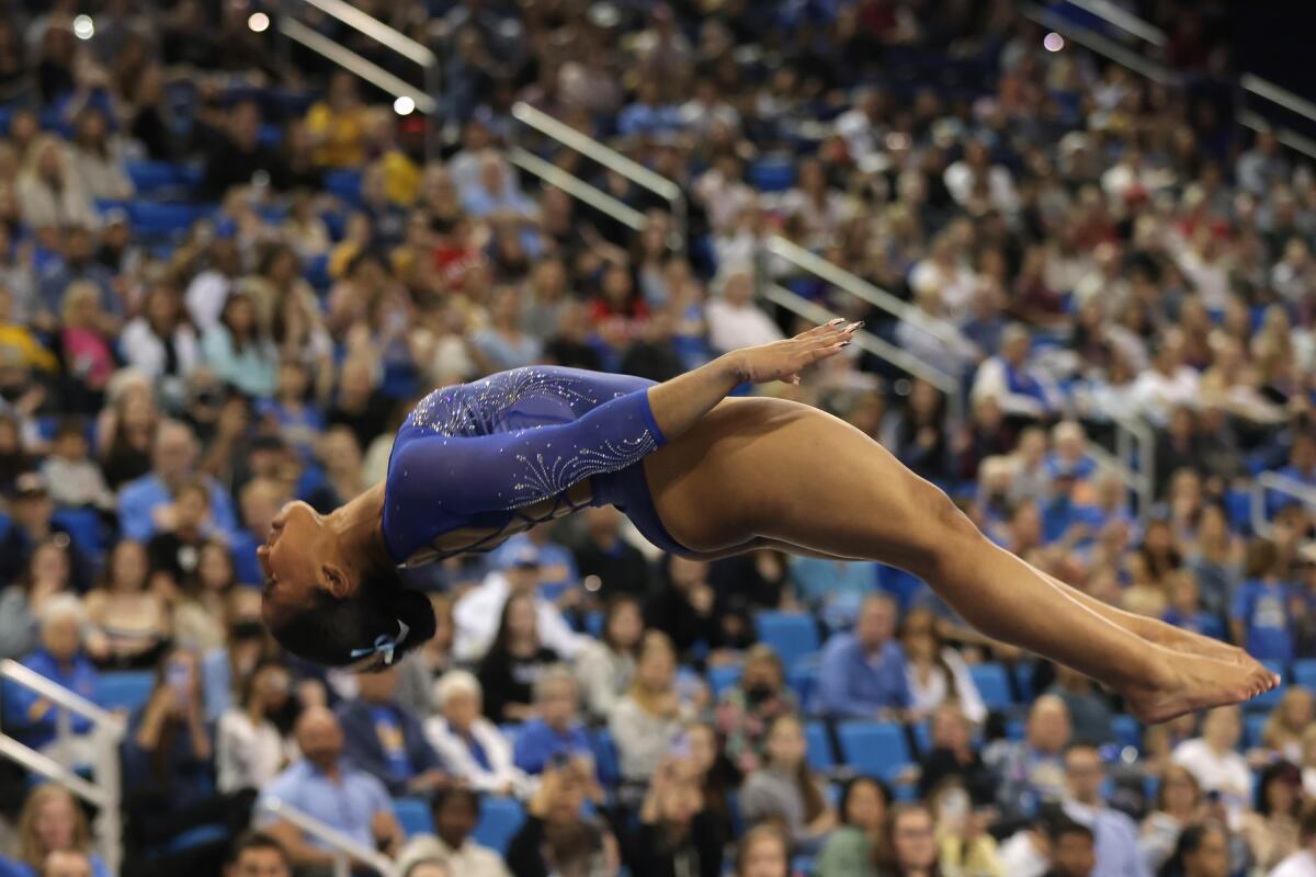 The Bruins' Jordan Chiles competes in the floor exercise April 1, 2023.