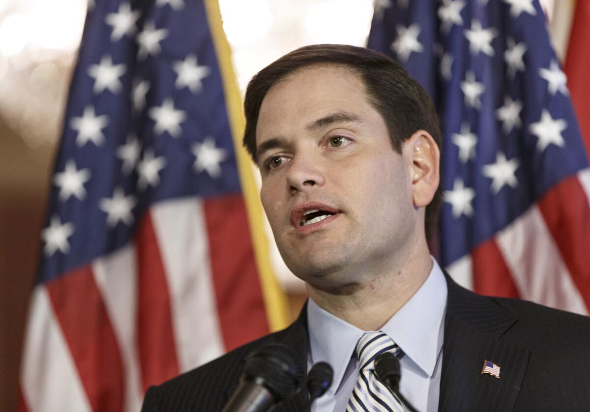 Sen. Marco Rubio (R-Fla.)speaks about the "American dream" on the 50th anniversary of President Lyndon Johnson's first State of the Union address in 1964, where LBJ committed the government to a war on poverty, on Capitol Hill in Washington.