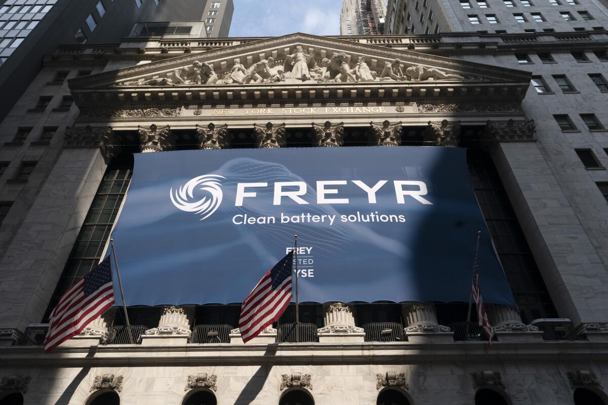 A banner for Norway's battery cell startup Freyr is at the New York Stock Exchange.
