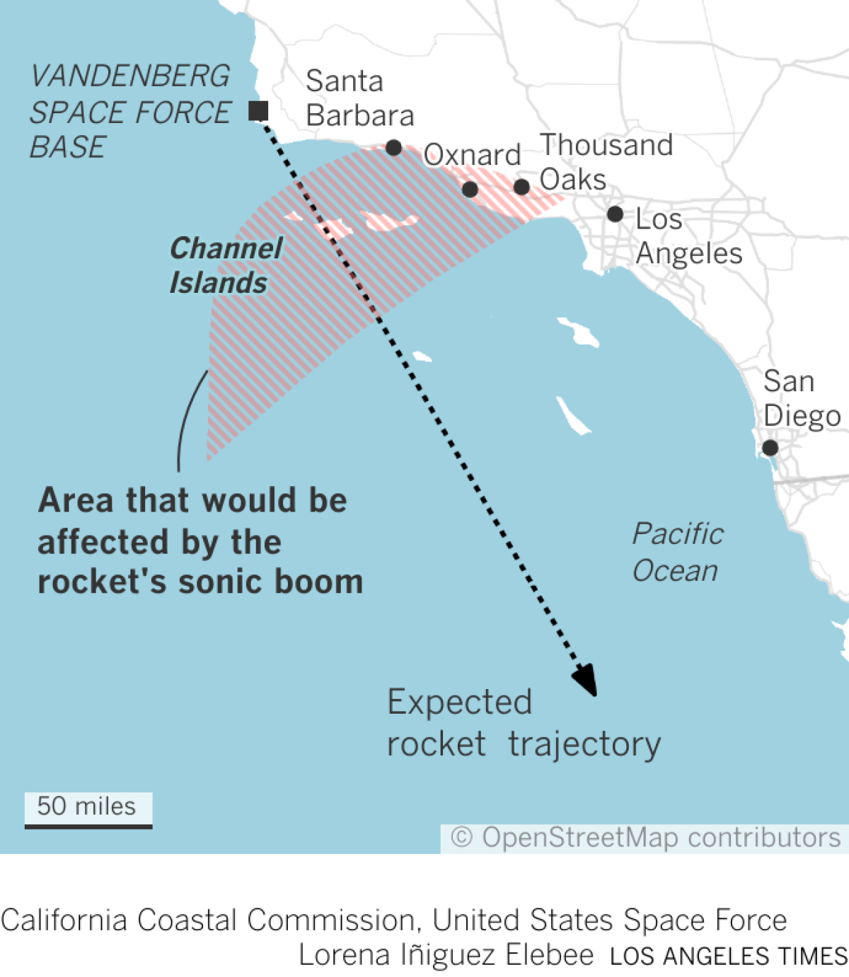 Map showing expected rocket trajectory from Vandenberg AFB in Santa Barbara County and the northern Channel islands and county coast that will be affected.