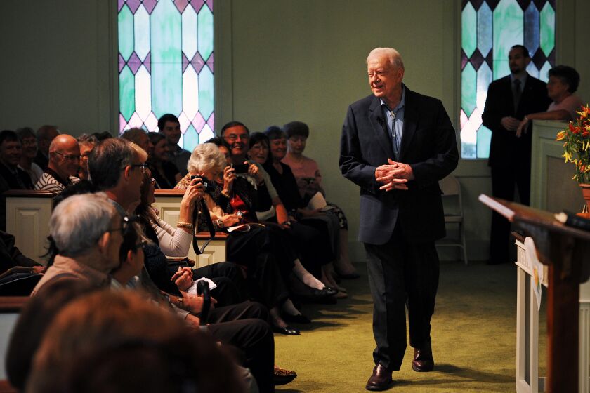 PLAINS, GEORGIA - OCTOBER 10: Former President Jimmy Carter greets members and visitors to Maranatha Baptist church, October, 10, 2010 in Plains, GA. (Photo by Bill O'Leary/The Washington Post via Getty Images)