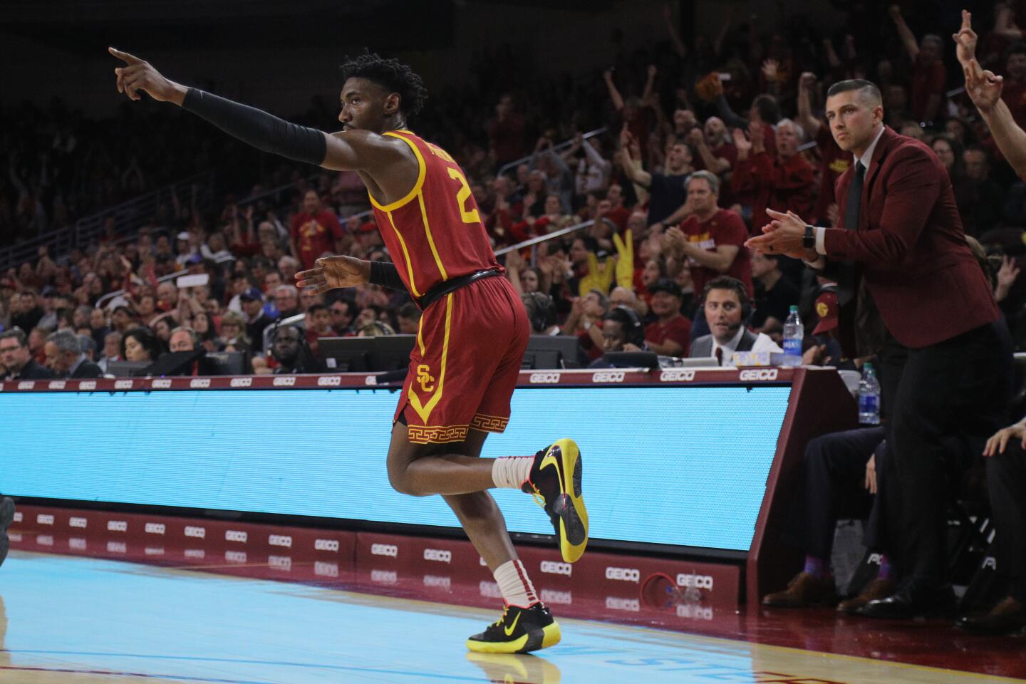 USC guard Jonah Mathews reacts after scoring one of his five three-pointers during the Trojans' 54-52 victory over UCLA at Galen Center on March 7, 2020.