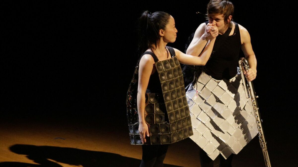 Pauchi Sasaki, left, and Claire Chase, after performing Sasaki's "Gama XV: Piece for Two Speaker Dresses."