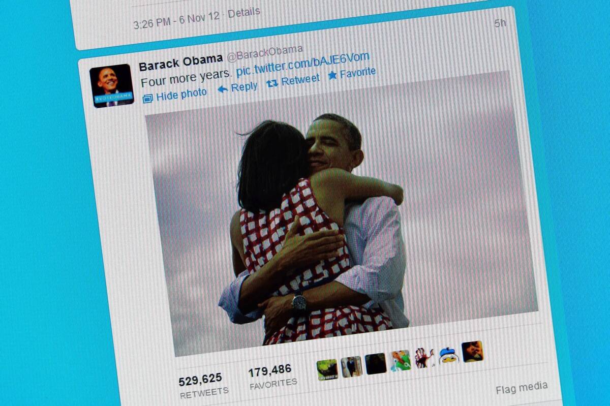 President Obama’s campaign tweeted a photograph of him embracing First Lady Michelle Obama, which became social media’s most shared image ever.