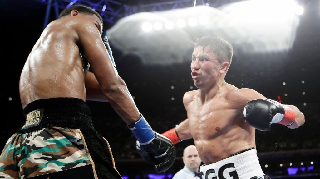 Gennady Golovkin attacks Daniel Jacobs during the fifth round of their middleweight title fight on March 18 at Madison Square Garden.