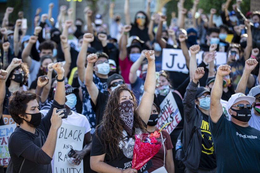Los Angeles, CA, Sunday, June 7,2020 - Demonstrators at Belvedere Park protest police brutality and systemic racism in the wake of the death of Georg Floyd at the hands of Minneapolis police officer Derek Chauvin. (Robert Gauthier / Los Angeles Times)