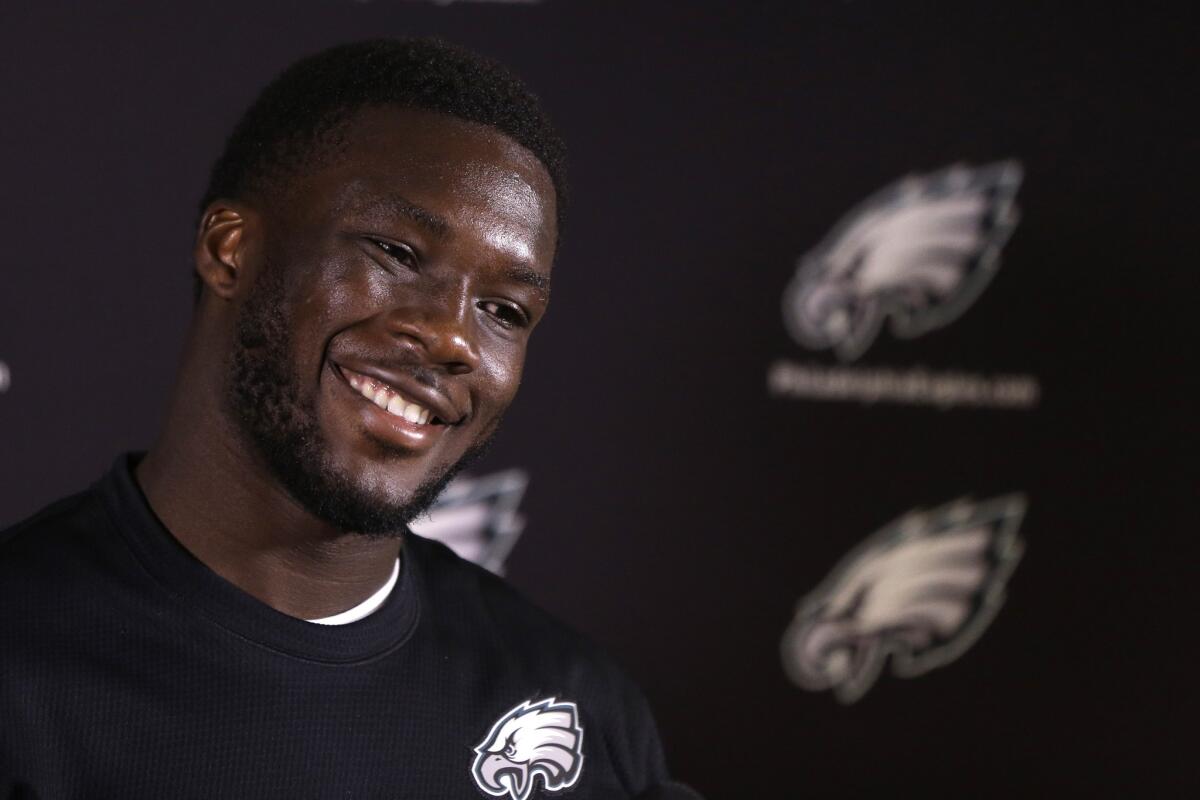 Former USC receiver Nelson Agholor speaks during a Philadelphia Eagles minicamp news conference on May 8. Agholor was drafted by the Eagles with the No. 20 overall pick.