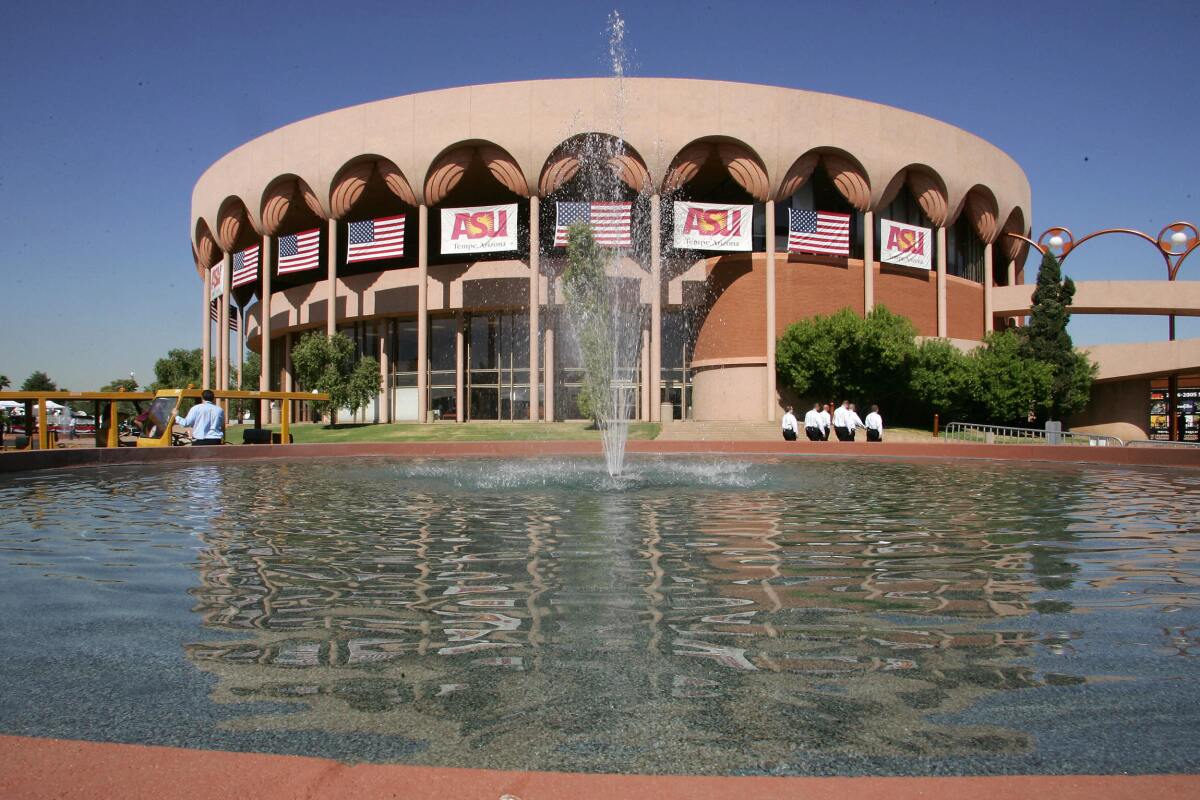 A view of the Gammage Auditorium on the campus of Arizona State University in Tempe. ASU officials remain in contact with the students, many of whom are continuing their studies through online or independent coursework.