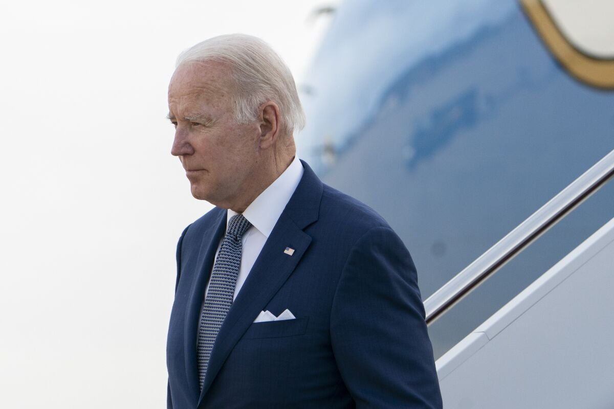 President Joe Biden arrives at Delaware Air National Guard Base in New Castle, Del., Friday, May 13, 2022. (AP Photo/Manuel Balce Ceneta)