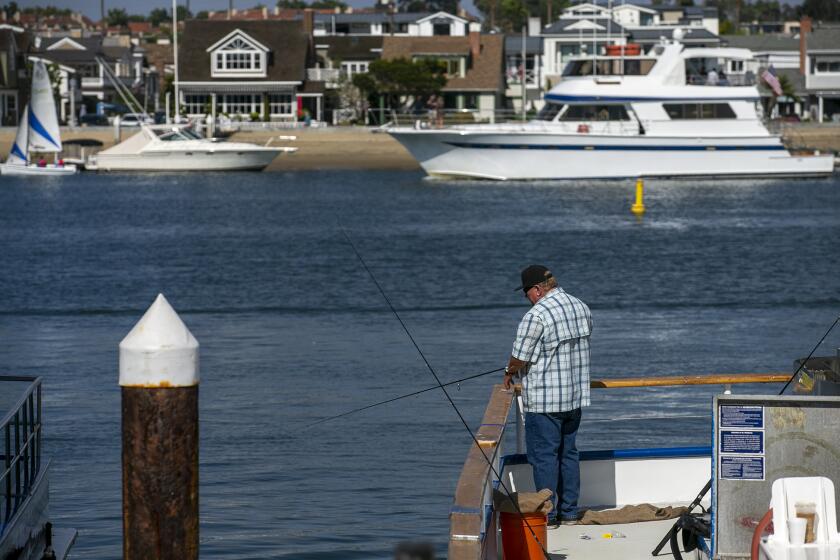 A man fishes off a boat in Newport Harbor on Tuesday, October 5.