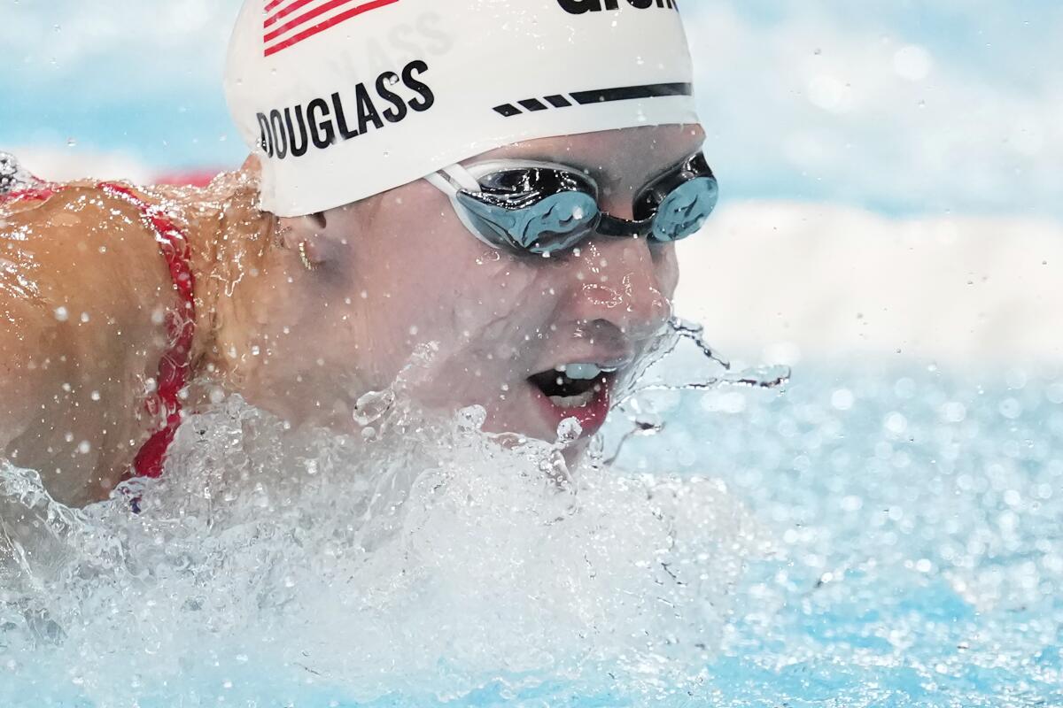 American Kate Douglass competes in a women's 200-meter individual medley heat at the Summer Olympics