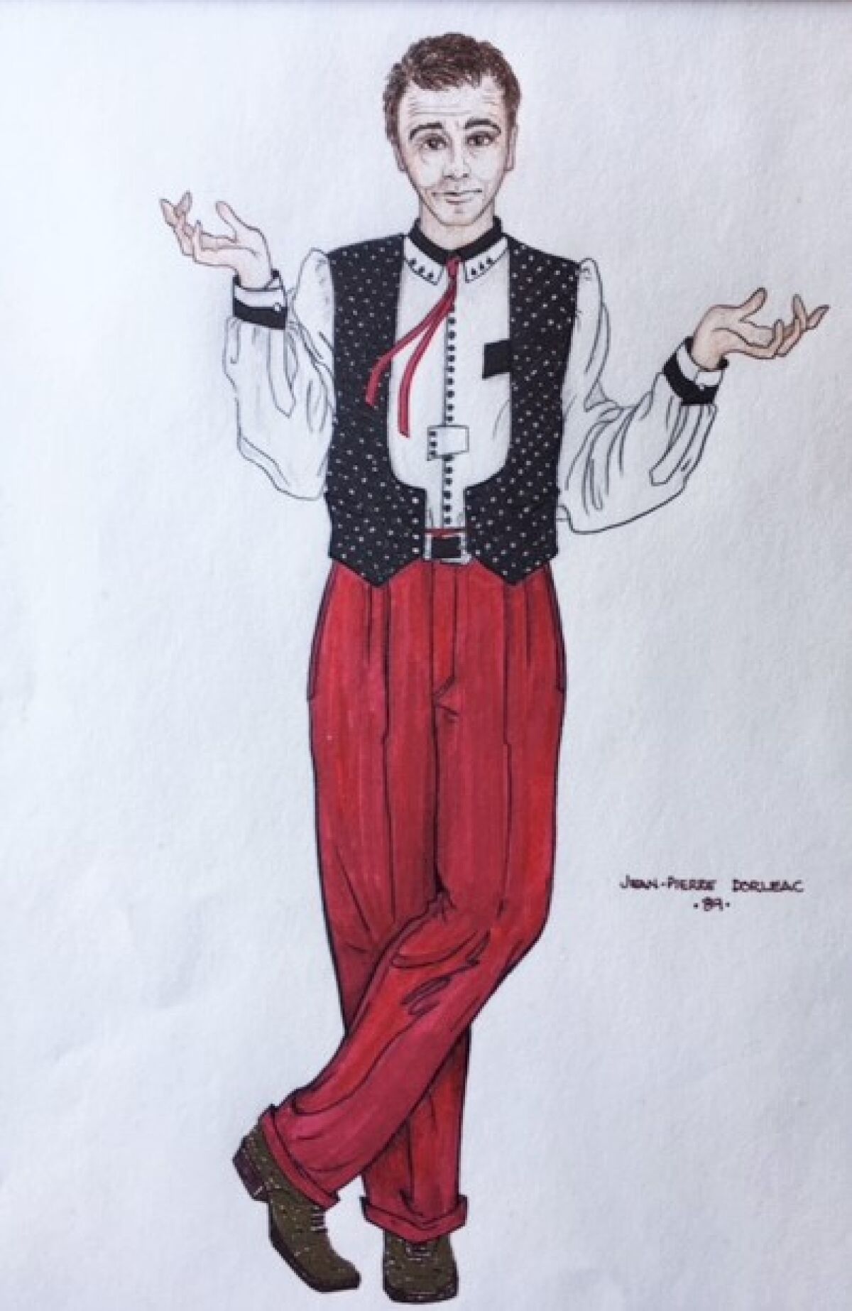 A sketch of a man in red pants and a black-and-white patterned vest with his hands lifted inquisitively