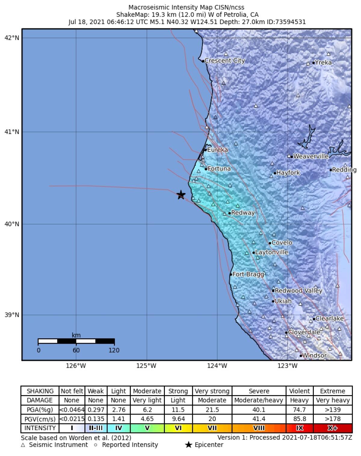 A map showing the epicenter and shake intensity of a magnitude 5.0 earthquake offshore from Fortuna, Calif.