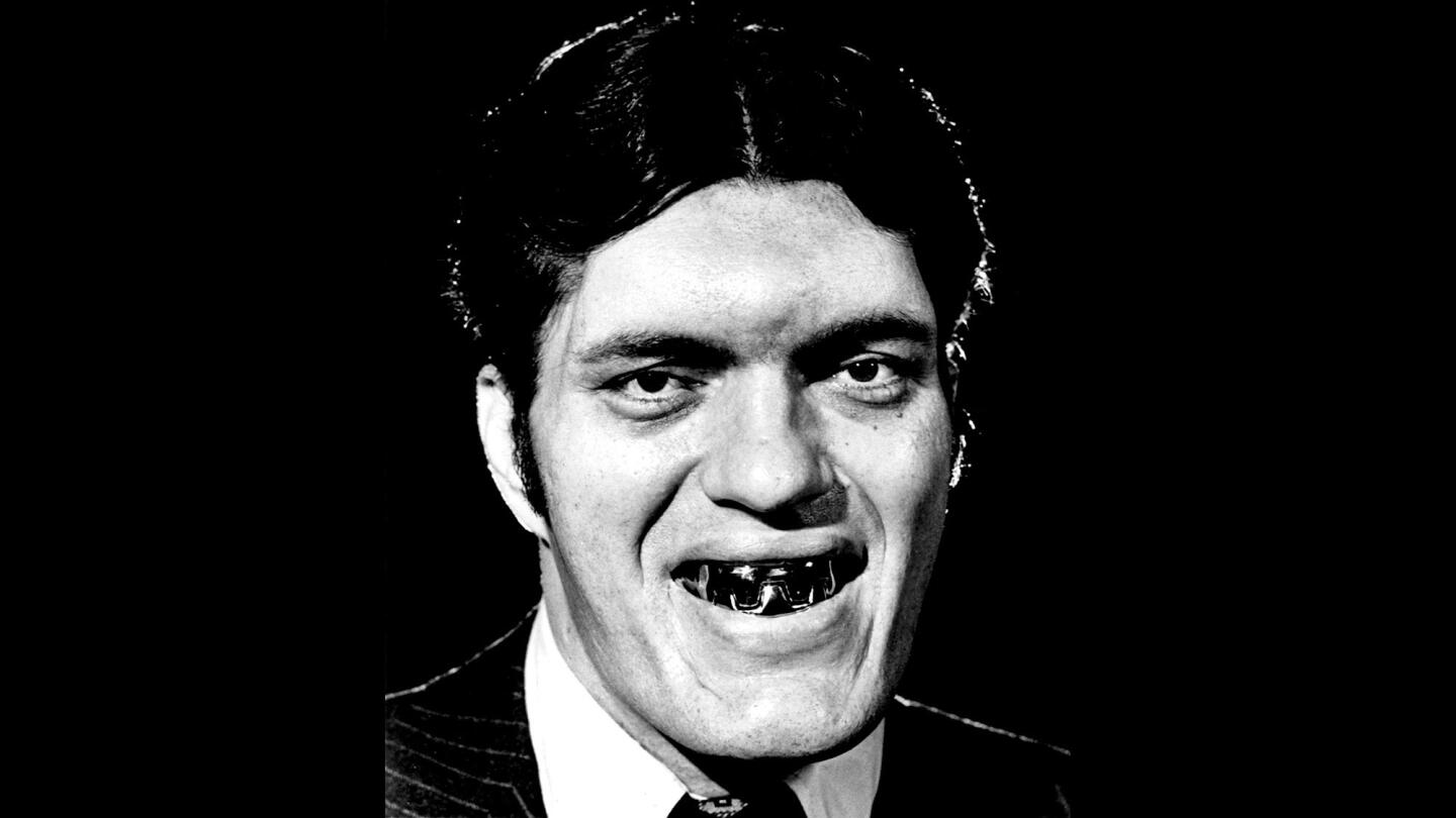 Richard Kiel portrays Jaws, a murderous giant with a mouthful of deadly steel teeth, in a scene from "The Spy Who Loved Me" (1977).