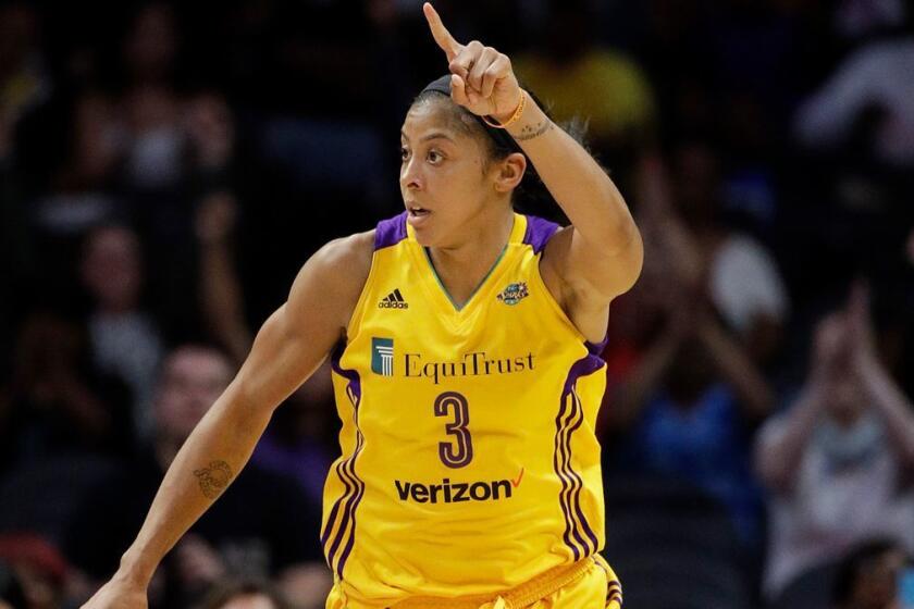 Los Angeles Sparks' Candace Parker celebrates her basket against the New York Liberty during the second half of a WNBA basketball game, Friday, Aug. 4, 2017, in Los Angeles. The Sparks won 87-74. (AP Photo/Jae C. Hong)
