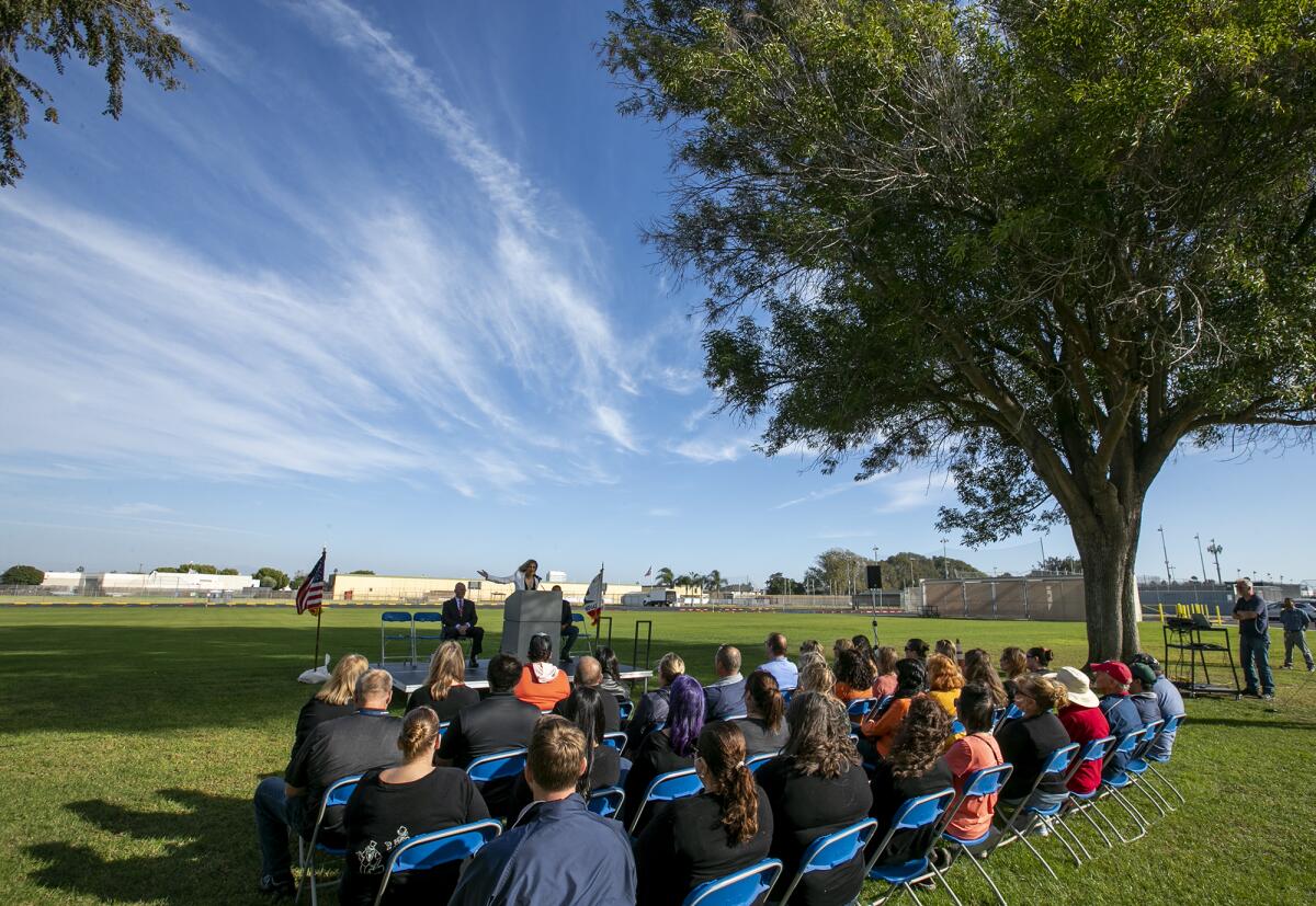 Ocean View School District Board of Trustees President Gina Clayton-Tarvin speaks during the ribbon-cutting ceremony.