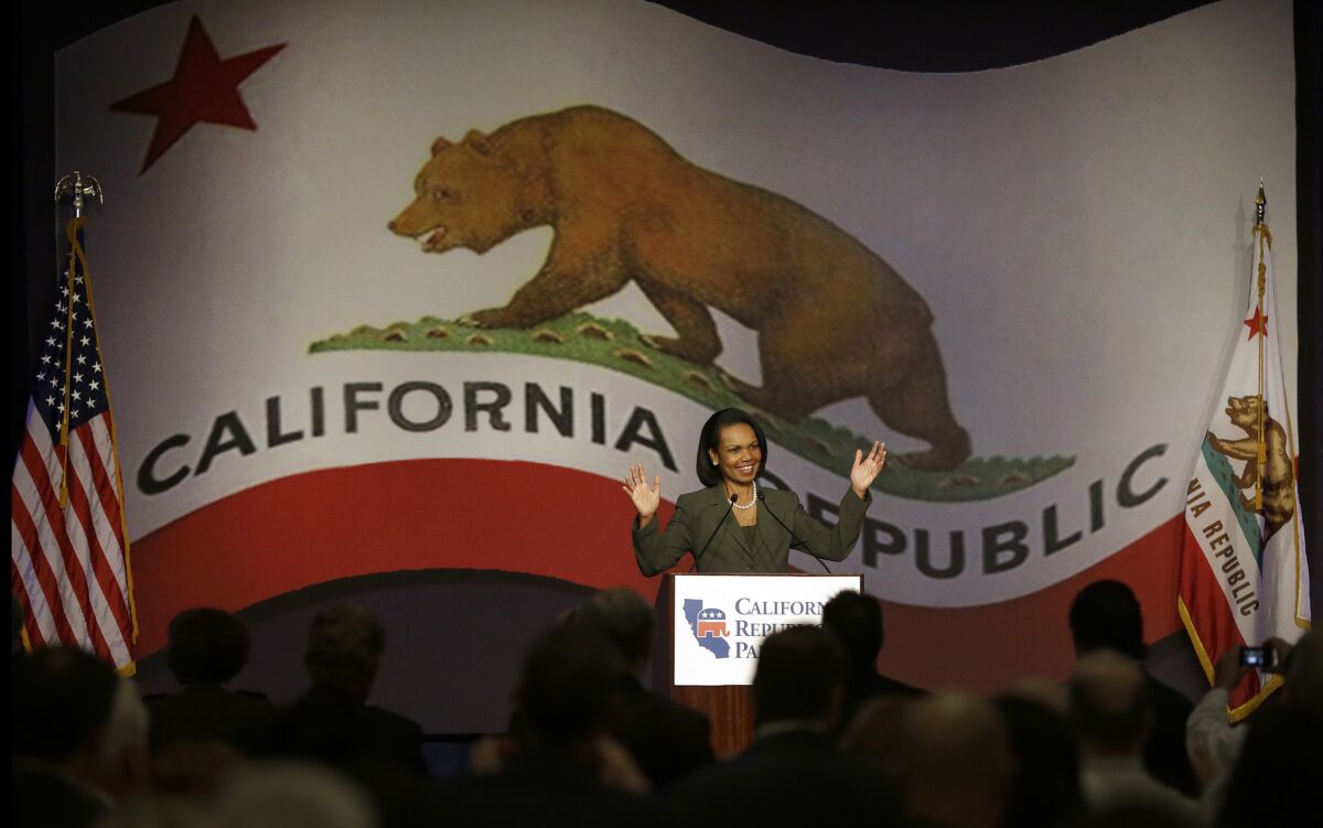 Former Secretary of State Condoleezza Rice speaks at the California Republican Party's 2014 spring Convention in March.