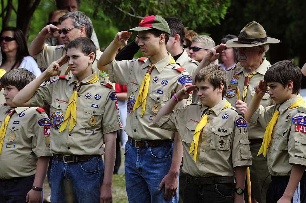 Members of the Boy Scouts salute during the raising of the flag in this May 25, 2009 file photos at the Willow River Cemetery in Hudson, Wis., during Memorial Day ceremonies.