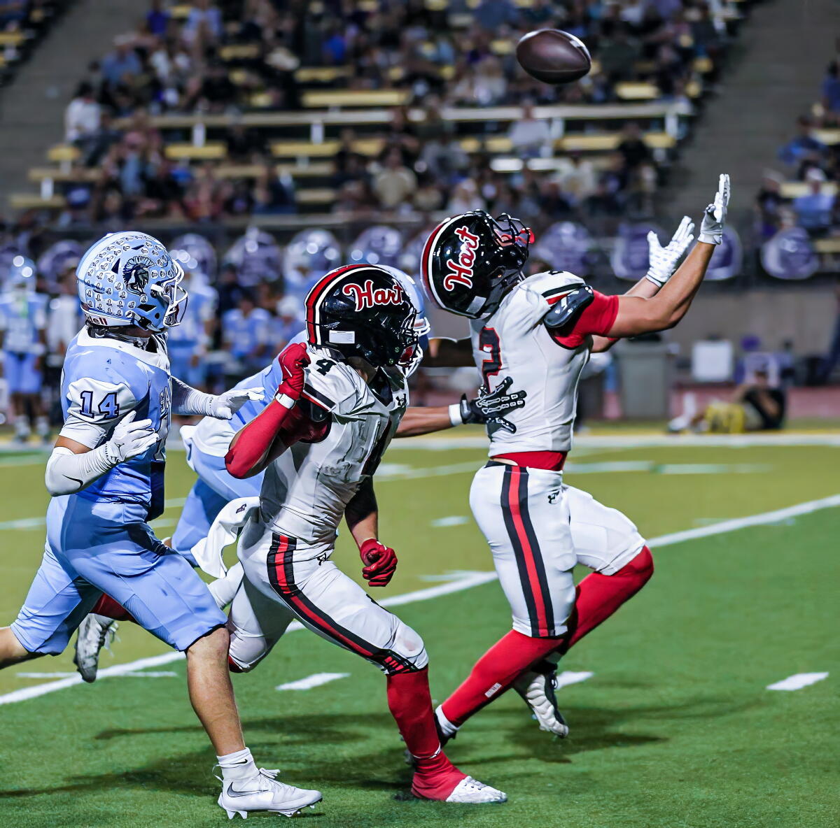 Silas Tucker of Hart makes a great catch for a 40-yard reception against Saugus.
