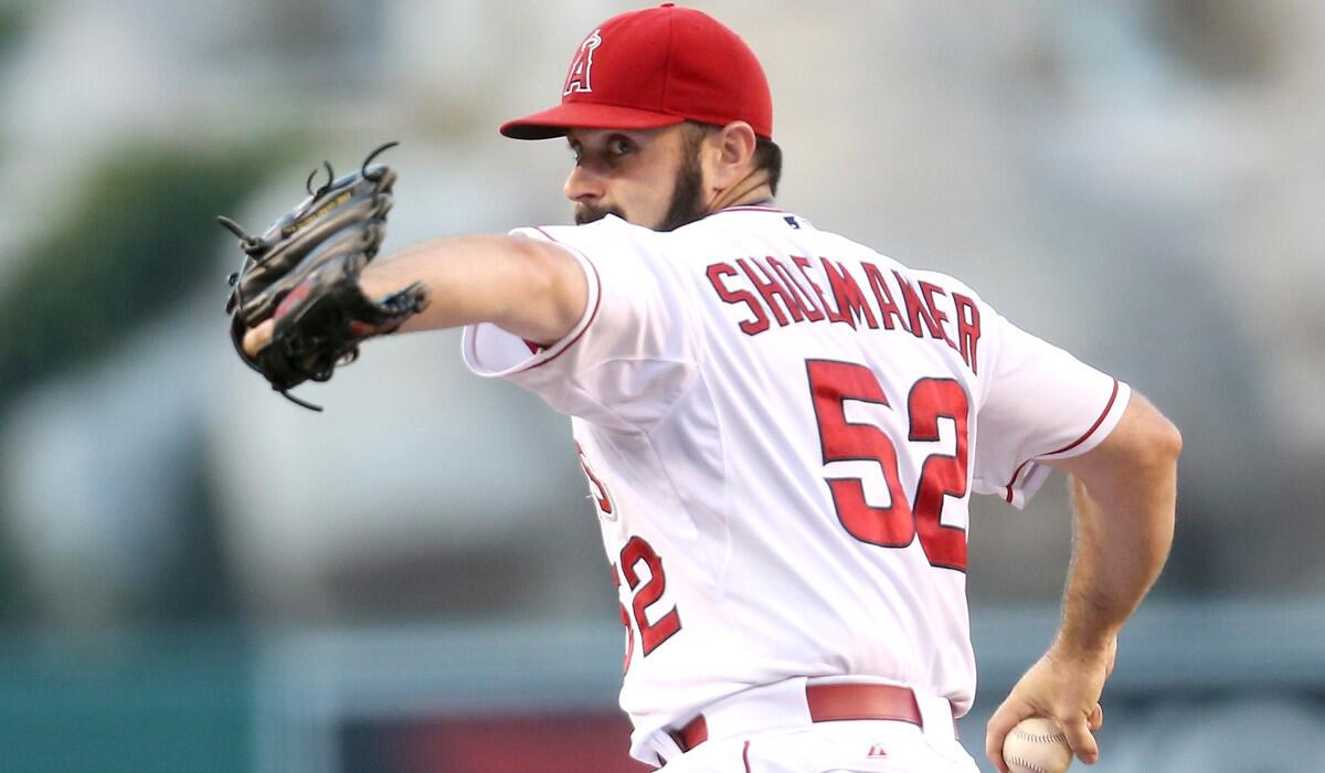 Angels pitcher Matt Shoemaker throws a pitch against the Cleveland Indians on Tuesday.