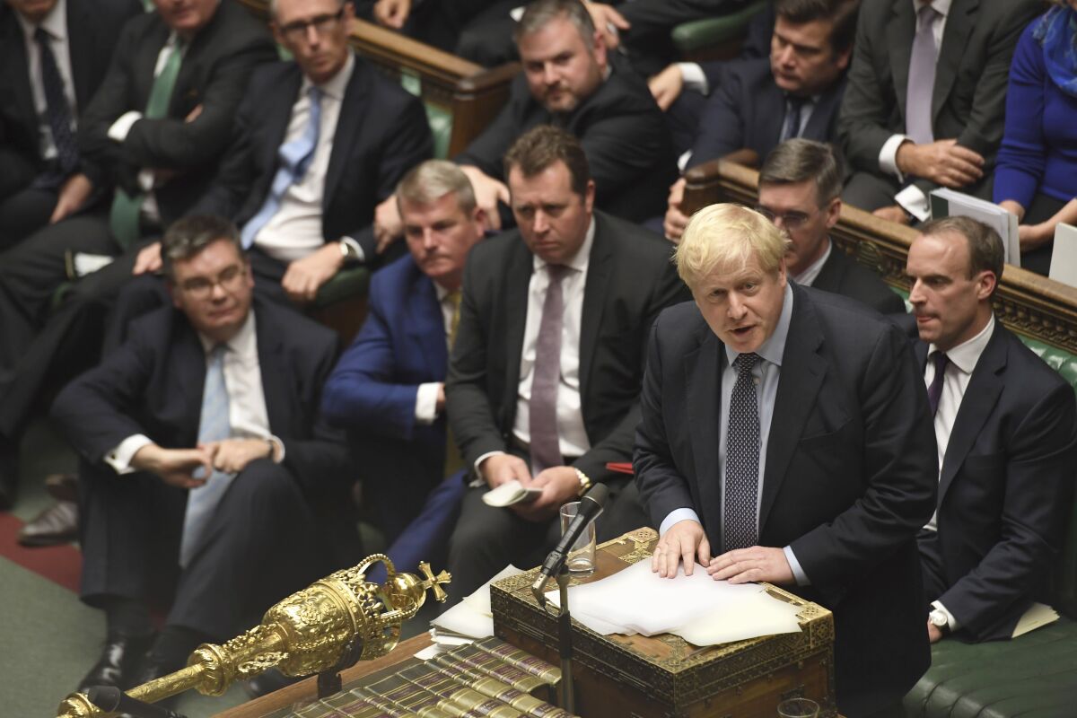 Britain's Prime Minister Boris Johnson speaks during the Brexit debate inside the House of Commons in London on Saturday.
