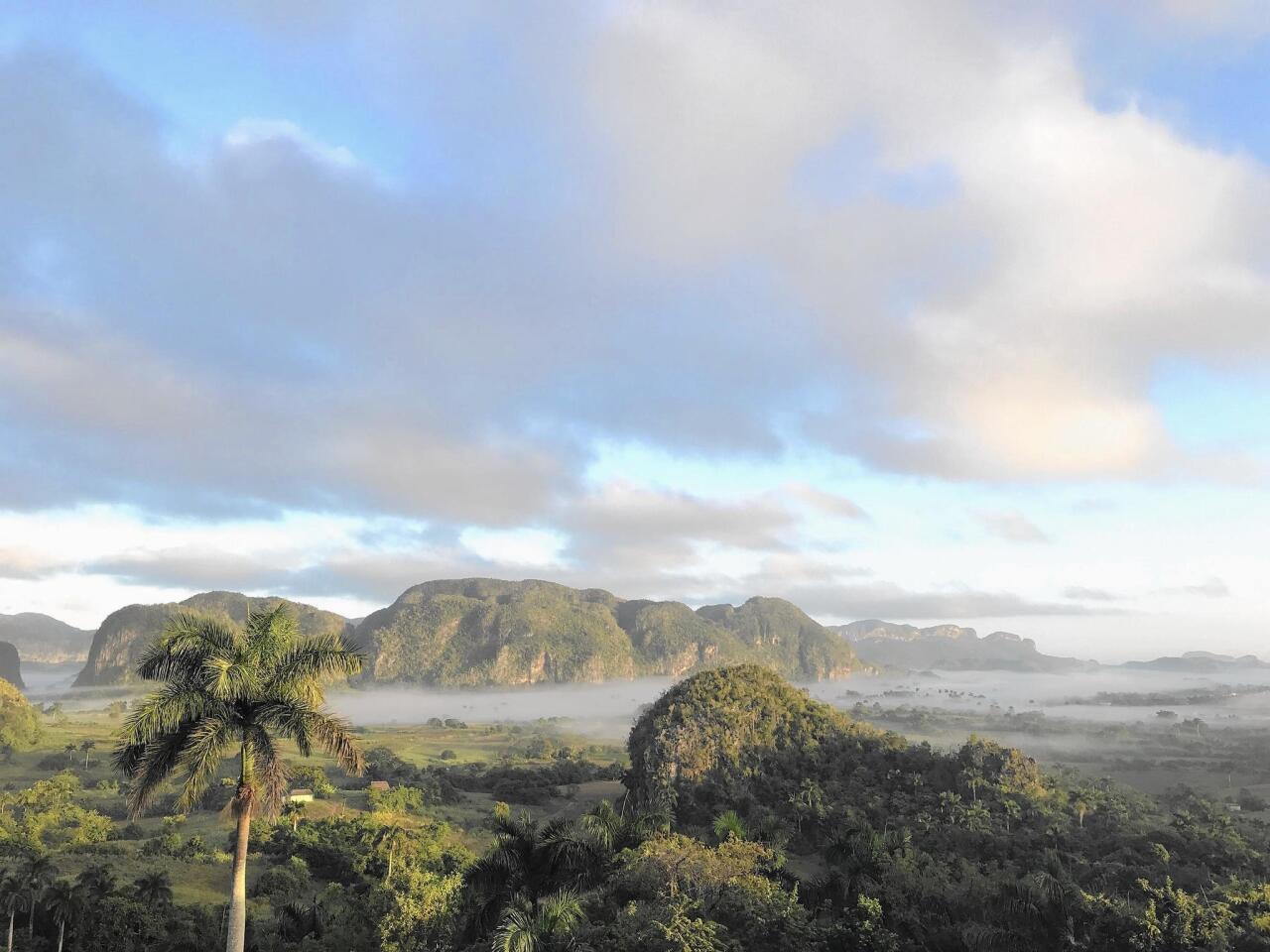 Morning fog hovers over the floor of the Vinales valley.