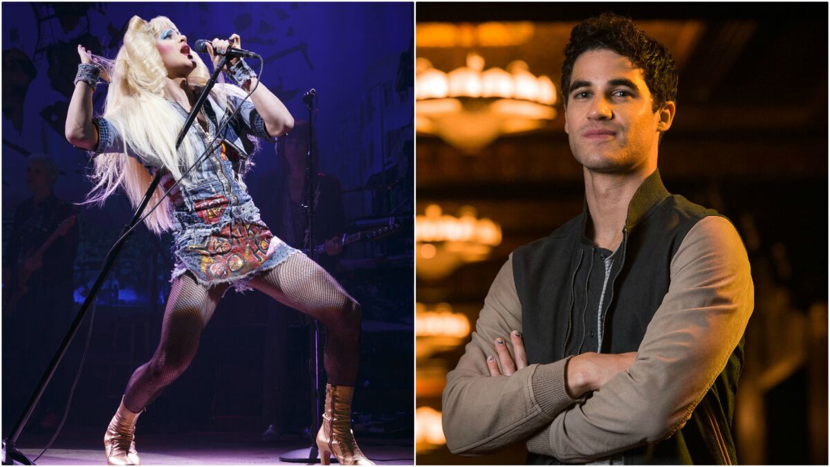 Darren Criss in costume as Hedwig, and out of costume.