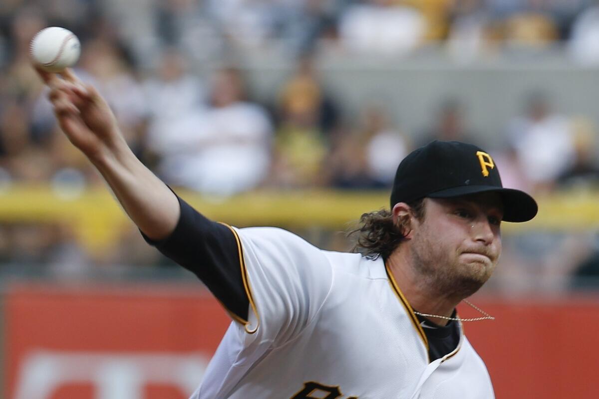 Pittsburgh's Gerrit Cole pitches against the Dodgers on Friday.