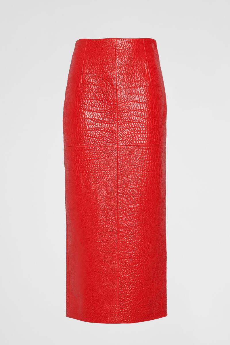Prada’s electric, bright red leather skirt