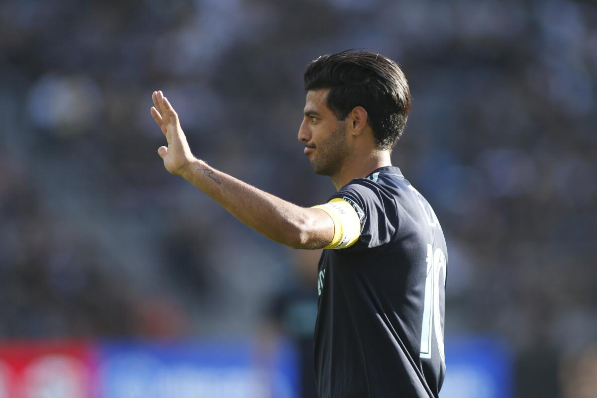 Carlos Vela #10 of Los Angeles FC looks on during a game against the Seattle Sounders at Banc of California Stadium on April 21, 2019 in Los Angeles, California.