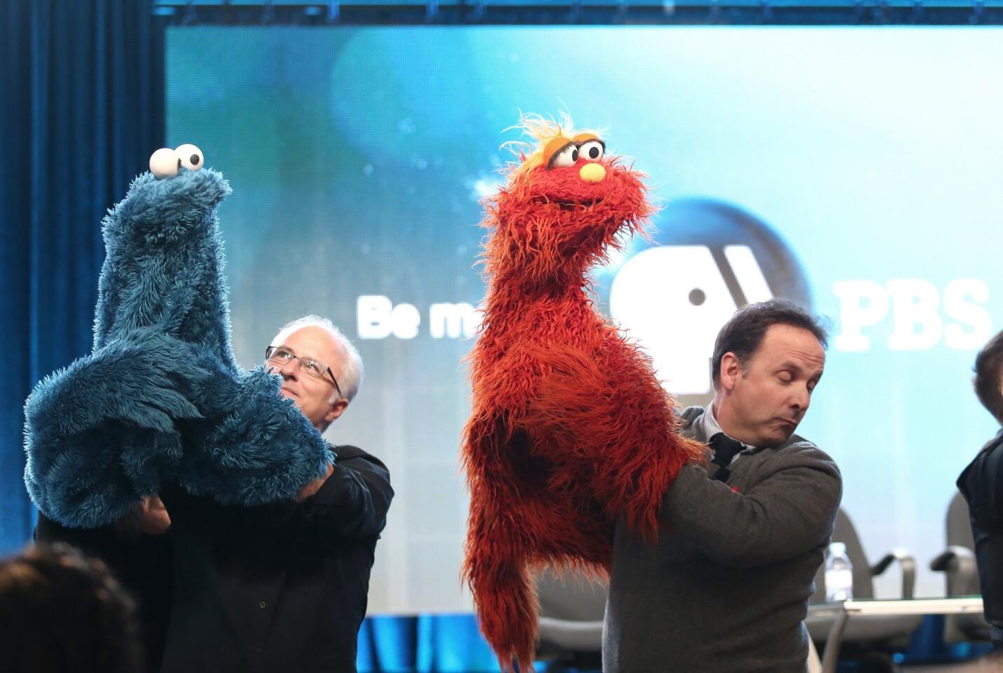 Actor-puppeteer David Rudman, left, and actor-puppeteer Joey Mazzrino during the "PBS Kids Update/Sesame Street 45th Season Anniversary" panel discussion.