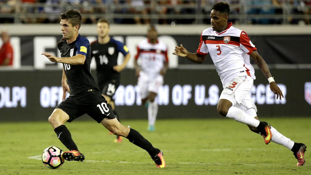 U.S. forward Christian Pulisic goes on the attack against Trinidad & Tobago during a World Cup qualifying game Sept. 6.