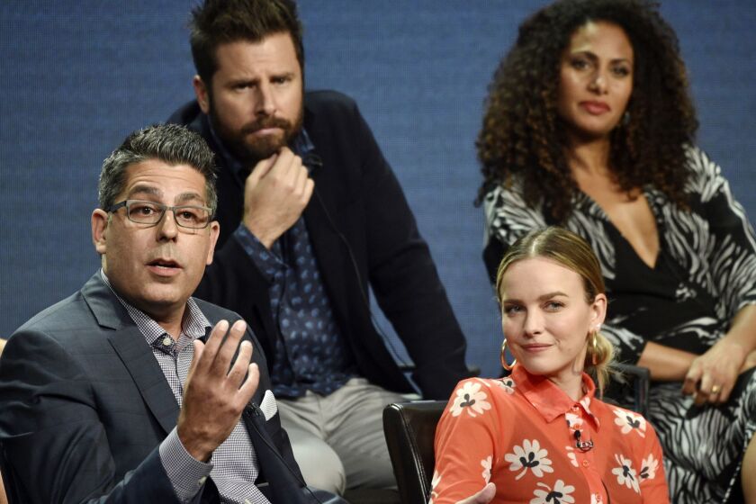 DJ Nash, left, creator and executive producer of the Disney ABC television series "A Million Little Things," answers a question as cast members, from left, James Roday, Allison Miller and Christina Moses look on during the 2018 Television Critics Association Summer Press Tour, Tuesday, Aug. 7, 2018, in Beverly Hills, Calif. (Photo by Chris Pizzello/Invision/AP)