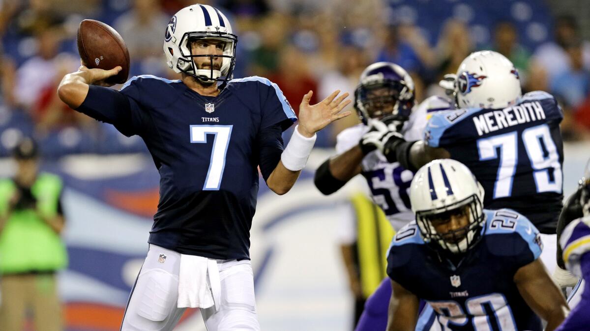 Titans quarterback Zach Mettenberger unloads a pass during a preseason game against the Vikings on Sept. 3