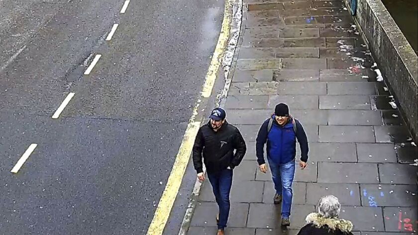This still taken from CCTV shows Ruslan Boshirov and Alexander Petrov — likely aliases — in Salisbury, England, on March 4. British prosecutors have charged the two Russian men in absentia with conspiracy to murder, attempted murder and use of the nerve agent Novichok.
