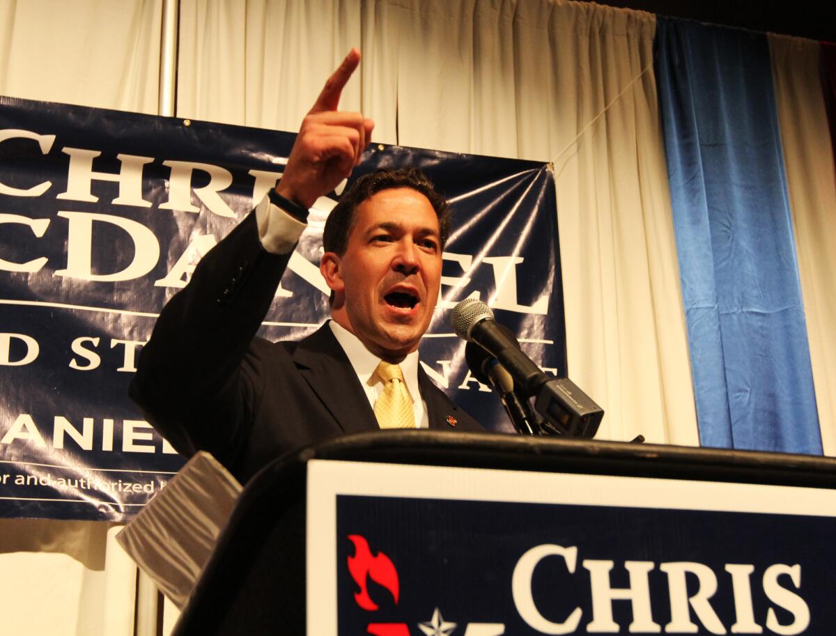 Chris McDaniel promises victory before a late-night audience Tuesday at the Lake Terrace Convention Center in Hattiesburg, Miss. He will face Sen. Thad Cochran in a Republican primary runoff June 24.