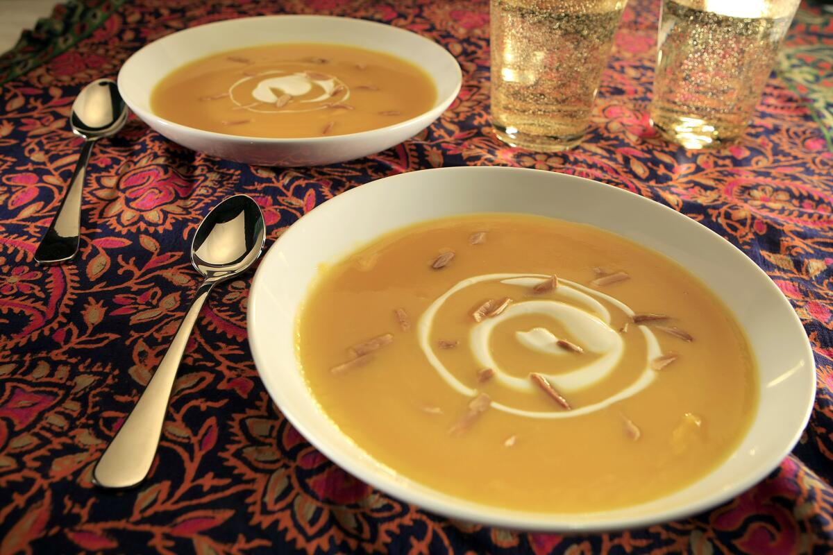 This creamy butternut squash soup can benefit from a little bit of apple cider vinegar. The vinegar by itself has an identifiably apple flavor, but when added to the soup it disappears, leaving a pronounced squash flavor.