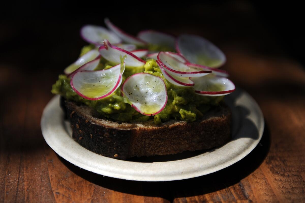 Avocado and shaved radish on whole-grain sourdough from Lodge Bread.