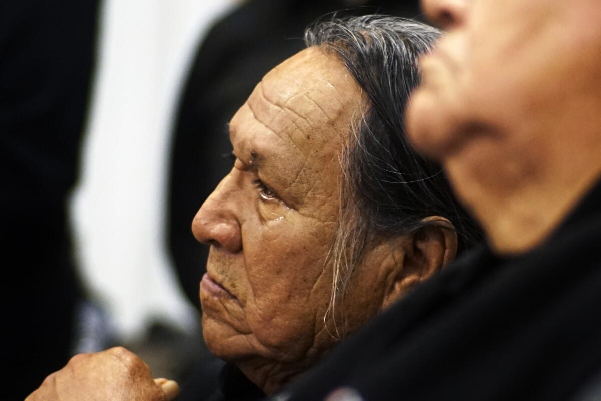 Chief Leonard Crow Dog listens during an orientation at Sitting Bull College in Cannon Ball, N.D., in 2016.