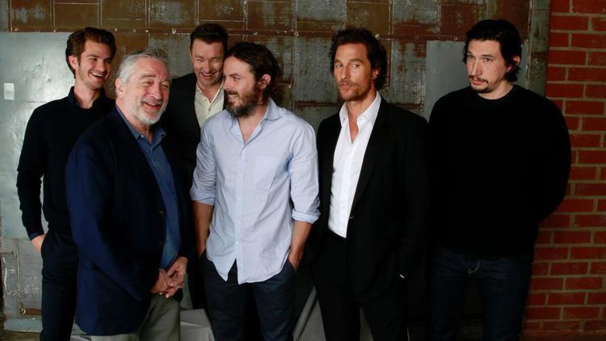 The Envelope's roundtable discussion involved Andrew Garfield, left, Robert De Niro, Joel Edgerton, Casey Affleck, Matthew McConaughey and Adam Driver.