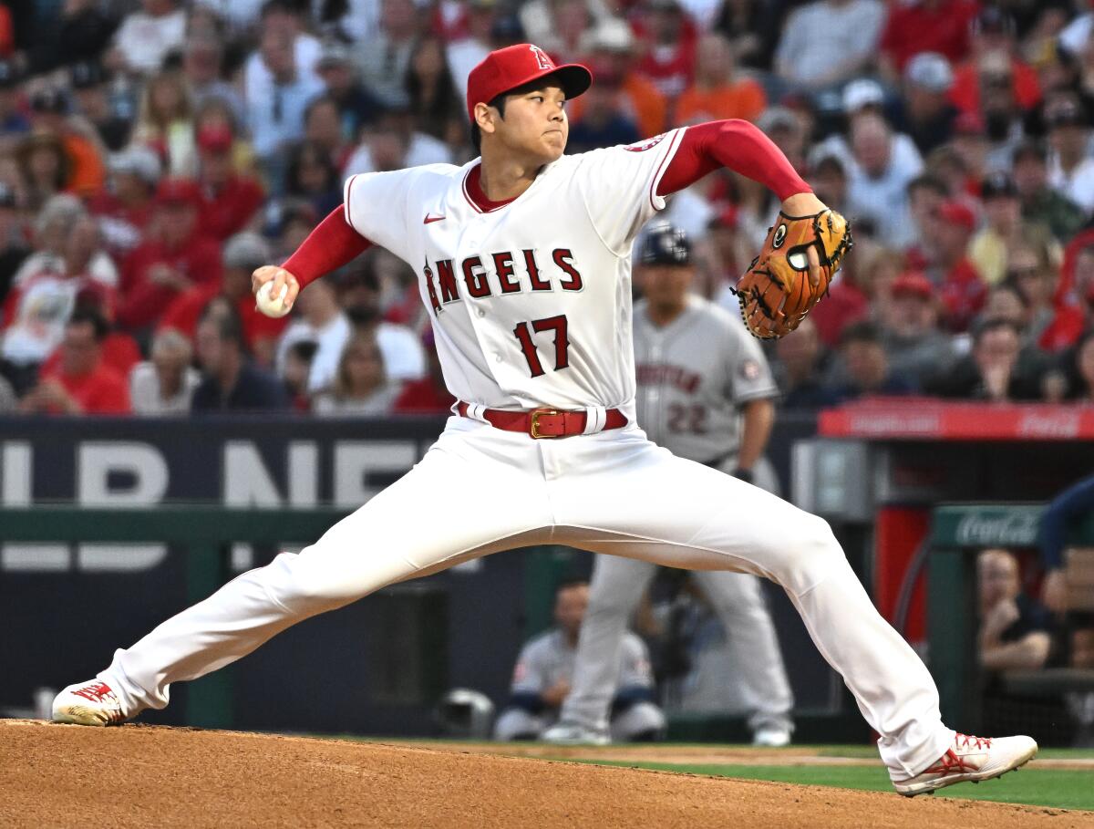 Angels pitcher Shohei Ohtani throws a pitch against the Houston Astros.