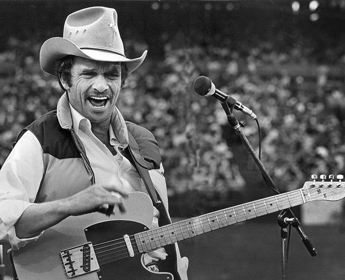 Merle Haggard in concert at Anaheim Stadium in 1980.