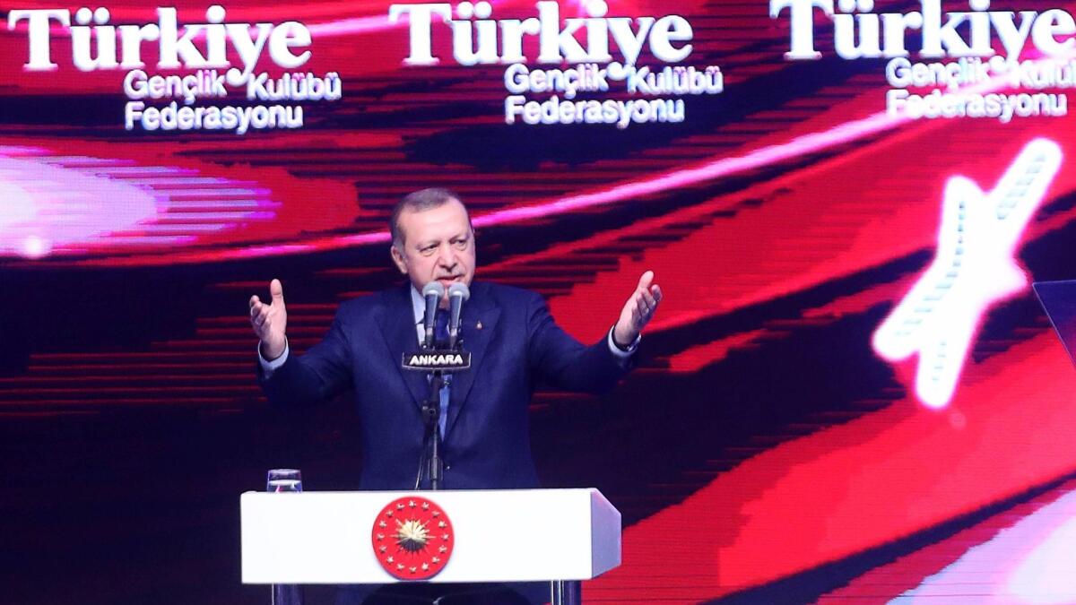 Turkish President Recep Tayyip Erdogan delivers a speech on March 7, 2017, in the capital, Ankara.