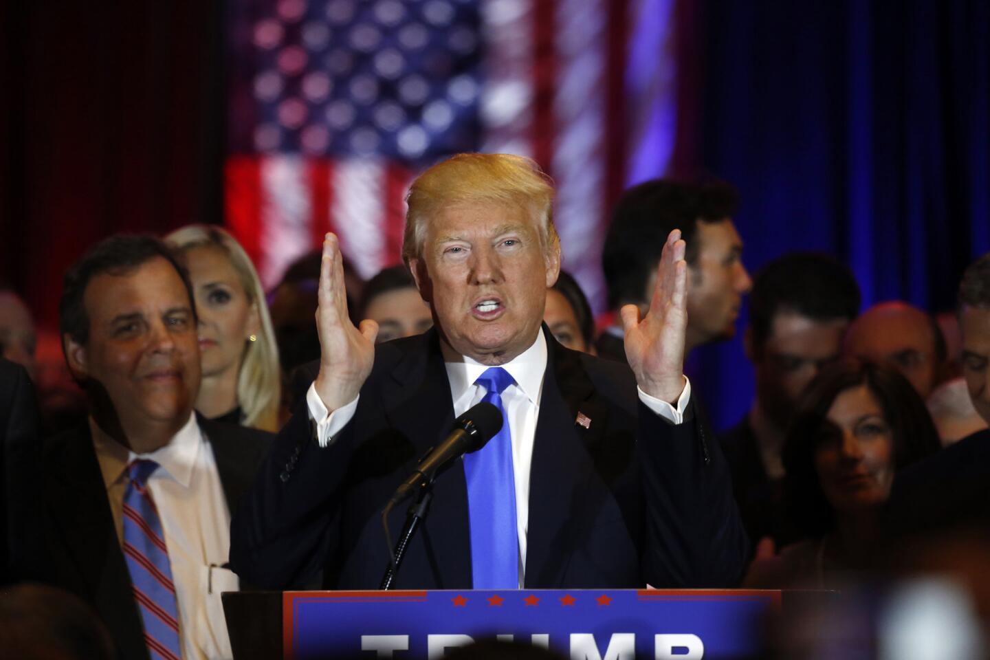 Donald Trump addresses supporters in New York after his sweep of five primaries.