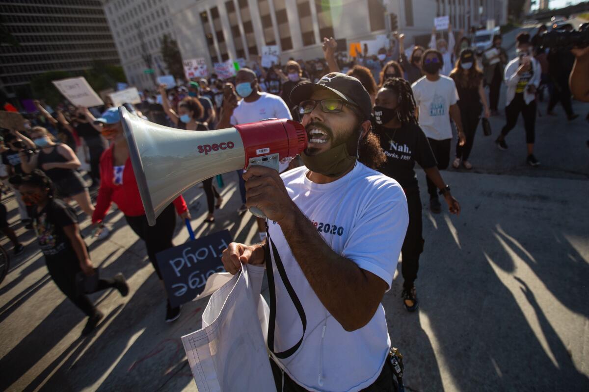 Protesters in downtown Los Angeles on Wednesday evening.