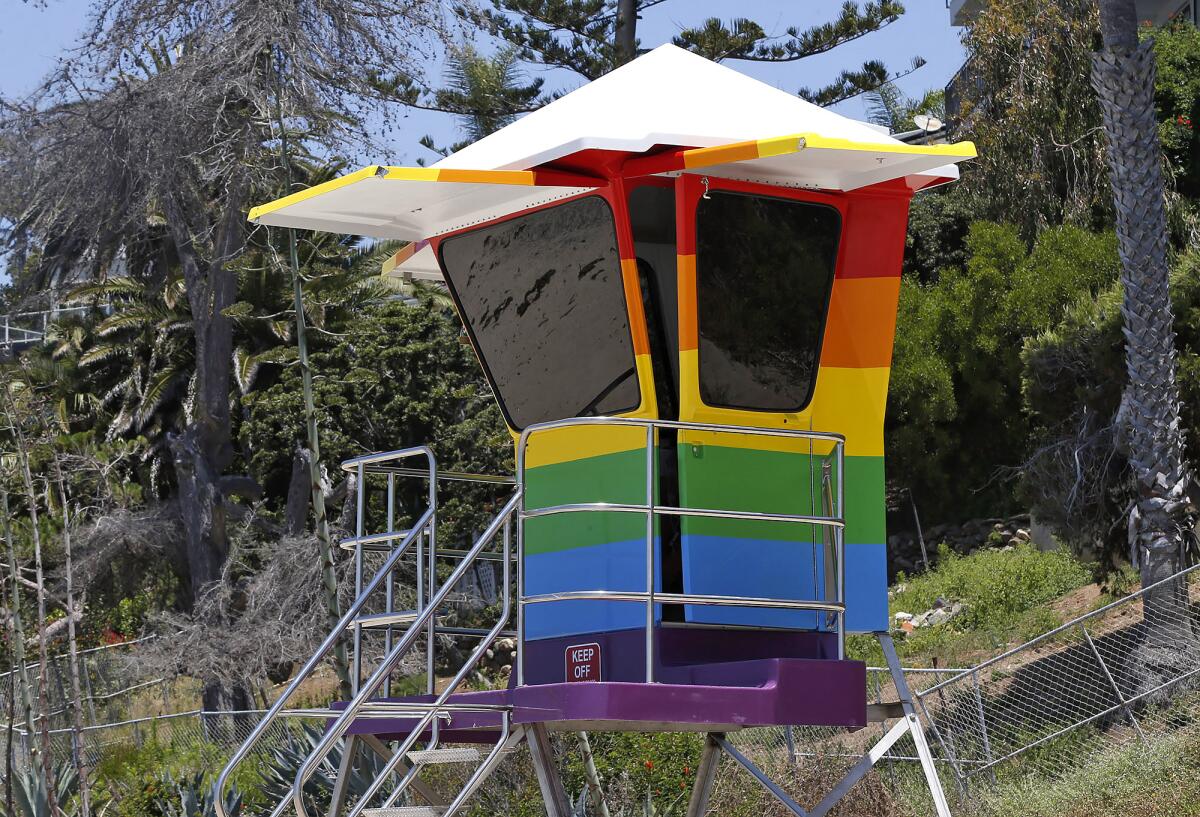 The Pride lifeguard tower at Camel Point beach in Laguna Beach was installed and staffed on Monday.