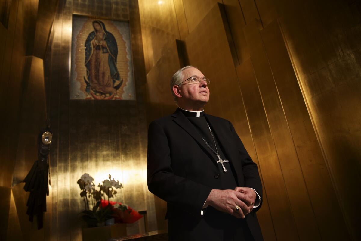 Los Angeles Archbishop José H. Gomez stands for a portrait at the Cathedral of Our Lady of the Angels in 2016. 